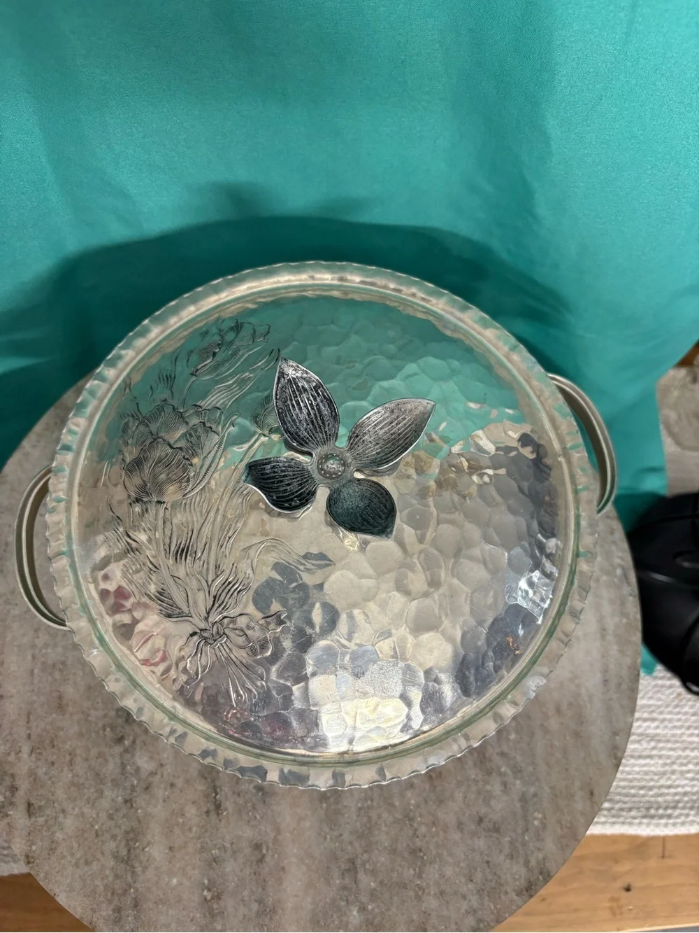 Hand-Hammered Silver Metal Serving Bowl and Decorative Tray - Silver